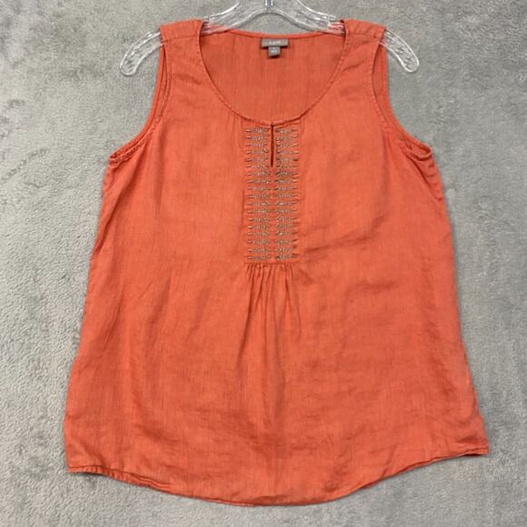 J Jill Top‎ Womens Small Orange Linen Tank Sleeveless V Neck Embroidered Shirt - Picture 1 of 8